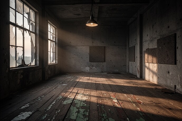 Weather-beaten concrete and wood interior at dawn