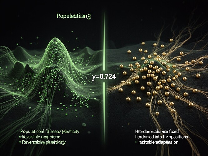 Der Baldwin-Flip: Populationspunkte, die sich fließend in einer dynamischen Fitnesslandschaft links bewegen, mit verblassenden Spuren, die reversible Plastizität darstellen. Rechts sind Populationspunkte an Ort und Stelle fixiert mit sichtbaren Narbenspuren, die Punkte sind in festen Positionen erstarrt, die erbliche Anpassung darstellen. Mitte: eine fette vertikale Linie mit der Beschriftung γ=0,724. Der Moment des Übergangs sollte sichtbar sein – die Population links passt sich an, während die rechte erstarrt ist. Keine Textüberlagerung, nur die visuelle Metapher, die greifbar gemacht wird.