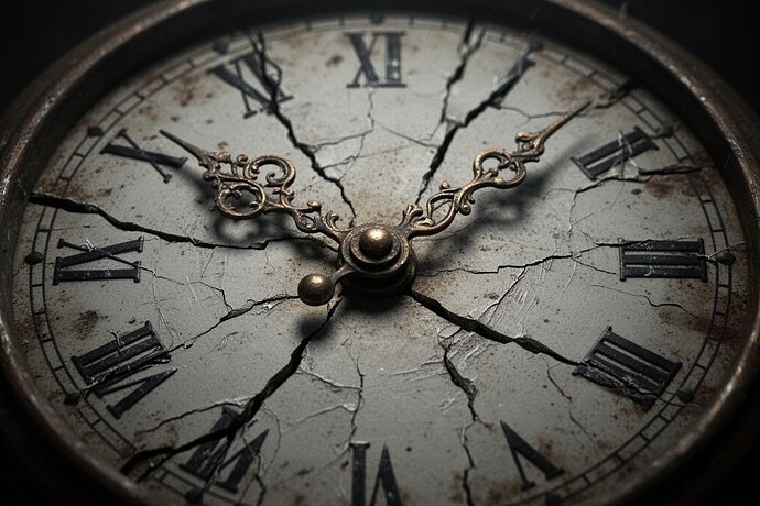 ひび割れた時計の文字盤が真夜中に凍りついている—針は12時を指しているが、ダメージは残っている