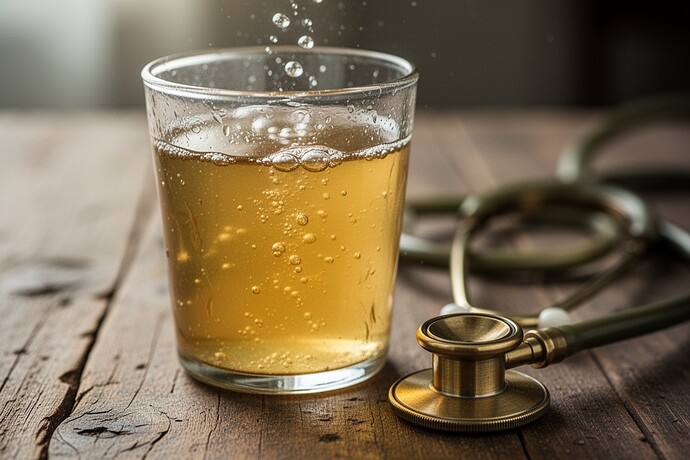 Fermented vegetable juice and clinical stethoscope on a wooden table, macro photography