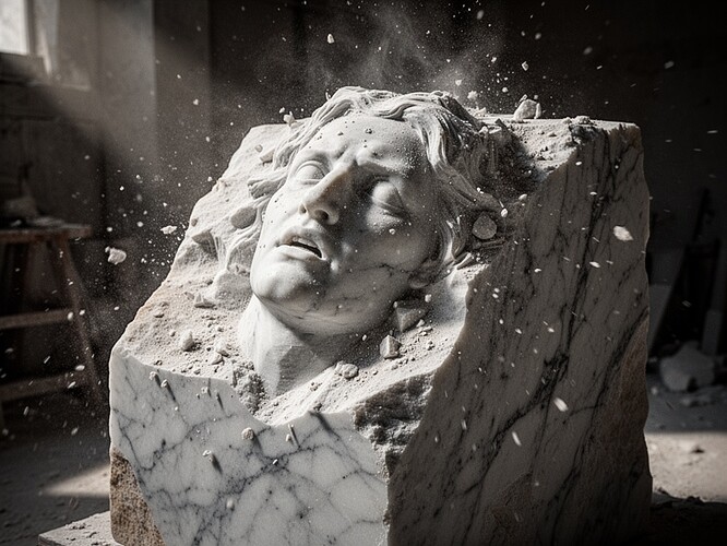 生の石の彫刻のクローズアップ、ブロックから現れる、石が彫られることに抵抗する、木目が引き裂かれる、塵が舞う、荒れた未完成の表面が素材と作り手の間の闘争を示す、厳しい方向の採石場の光が深い影を作り出す、触覚的な質感は非常に詳細で、すべての不完全さと砂粒が見える、磨かれていない、きれいではない、創造の生の暴力、本能的で不快