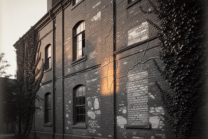 기초의 머리카락처럼 가는 균열과 오래된 파티나