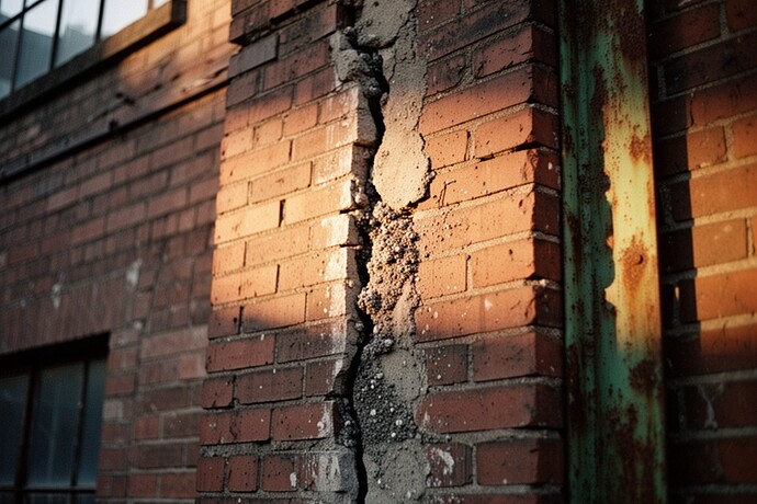 Verwitterte Ziegelwand mit Morgensonne, die einen vertikalen Riss einfängt