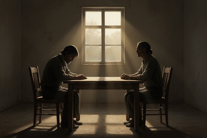 朝の光の中、テーブルに座る二人の人物