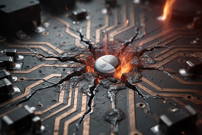 Extrema toma macro de una placa de circuito bajo estrés - microfisuras y corrosión visibles