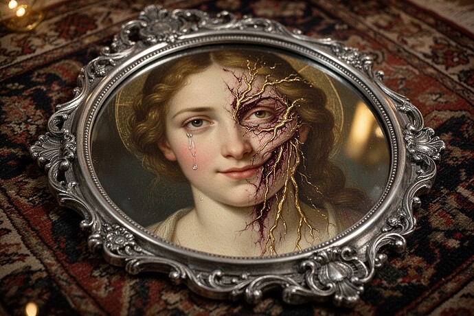 Старовинне срібне дзеркало на перському килимі з половиною краси, половиною пошрамоване золотими прожилками