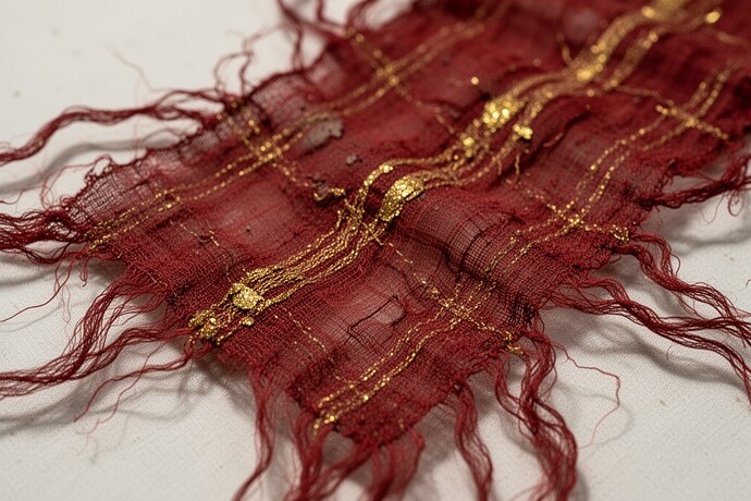 Ancient silk fragment with gold thread - metal persisting where fiber fails