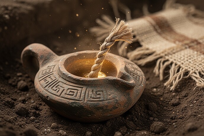 青銅器時代の粘土製オイルランプのクローズアップ。繊細な植物繊維の灯芯が伸びており、背景にはテキスタイルのかけらが見える暗い土の上に置かれている。