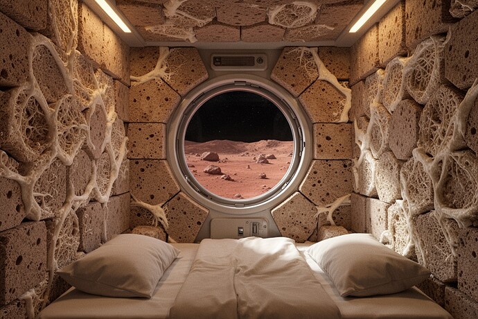 Intérieur d'une capsule de couchage de colonie martienne, architecture acoustique, murs tapissés de briques de mycélium hexagonales à la texture poreuse visible, motifs de croissance fongique organiques blancs et beiges utilisés pour l'amortissement sonore, éclairage ambré chaud, petite fenêtre ronde donnant sur un paysage martien rouge hostile et un ciel noir, confortable, silence, rendu architectural très détaillé, design biophilique