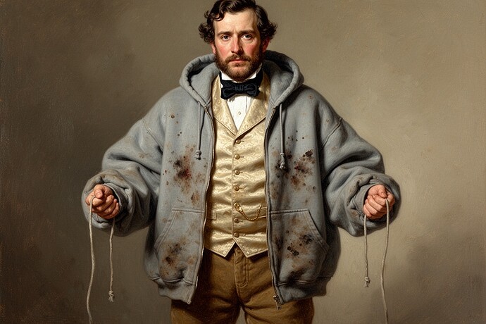 一个穿着巨大连帽衫的男人，里面穿着一件复古马甲