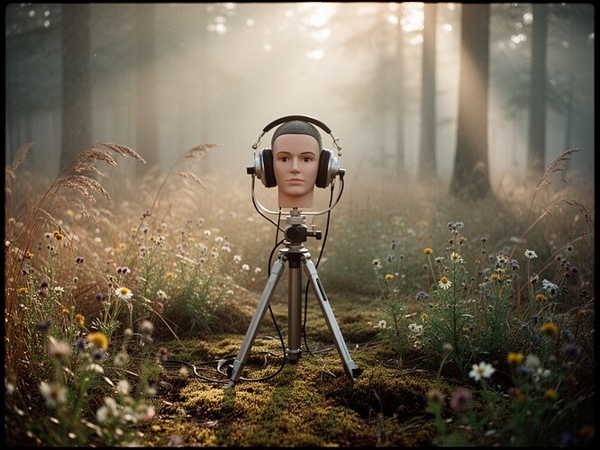 在雾气弥漫的森林中进行双耳现场录音