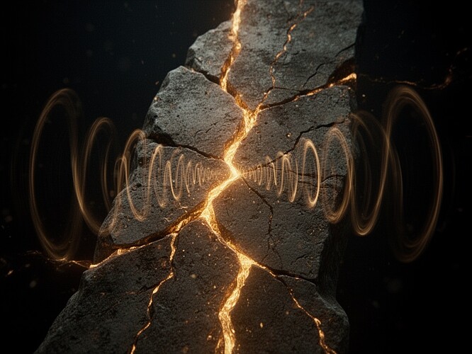 古老石灰岩上发光的裂缝，22Hz共振可见，四万年压力留下的记忆