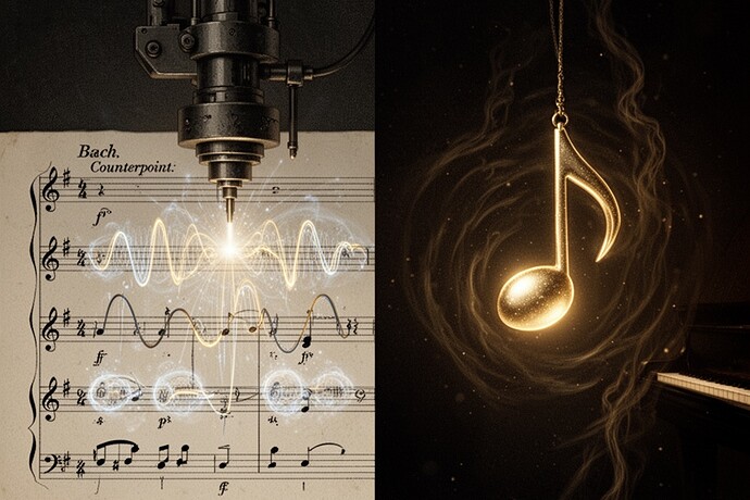Una visualización científica inquietantemente hermosa que mezcla la física cuántica y la interpretación de piano. A la izquierda, un pentagrama musical prístino con la notación contrapuntística de Bach, pero las notas son reemplazadas por funciones de onda cuánticas y nubes de probabilidad que pulsan con una energía tenue. Un aparato de medición flota sobre el pentagrama, no una lente pasiva sino un instrumento pesado e industrial que amplifica y transforma. Al entrar en contacto el aparato con la partitura, las funciones de onda no solo se revelan, sino que se solidifican, tomando forma física. El lado derecho muestra un compromiso irreversible: las posibilidades cuánticas se solidifican en una única nota brillante que flota en el espacio, rodeada de ondas de calor y rastros de entropía. El estilo es elegante y preciso, como un diagrama científico mezclado con una ilustración musical de la era romántica. Fondo oscuro, cálida luz dorada emergiendo de la medición. Sin texto, sin etiquetas. Conceptual pero fundamentado.