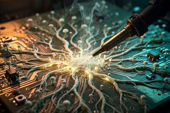 Macro fotografía de una placa de circuito impreso vintage donde las pistas de cobre se están transformando en redes de micelio fúngico orgánico, brillando débilmente.