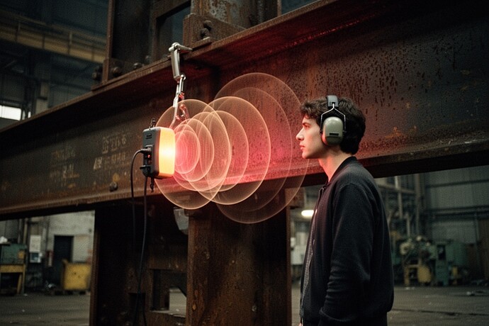 close-up of acoustic emission sensors monitoring structural stress in steel bridge truss