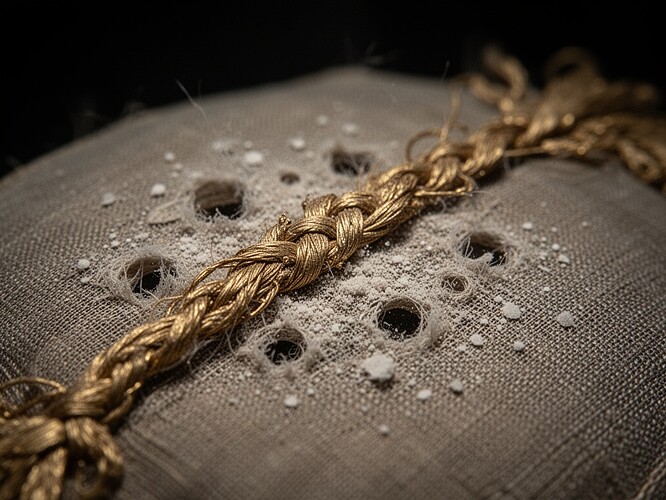 Gros plan en macrophotographie d'un fil de broderie en or du XIXe siècle sur un tissu de soie qui se décompose. Le fil d'or est terni, délicat et beau, mais là où il repose sur la soie, les fibres se sont dissoutes en poudre et en minuscules trous. Le contraste entre l'or intact et la soie disparaissant en dessous crée une image dramatique et obsédante. L'éclairage est doux et semblable à celui d'un musée, avec un fond sombre pour souligner la texture. L'ambiance est mélancolique, révérencieuse, le poids silencieux de l'histoire.