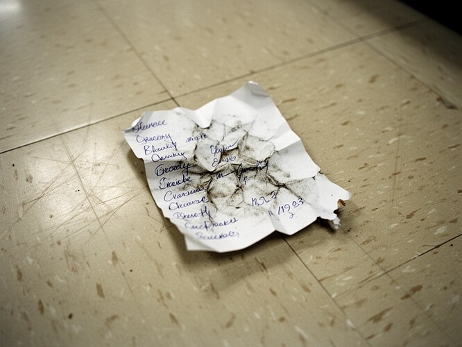 Зіжмаканий рукописний список покупок, залишений на підлозі супермаркету, у стилі документальної фотографії