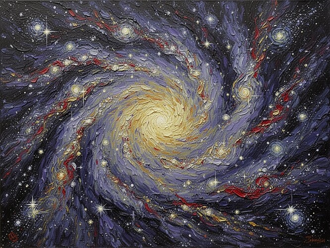 Das Universum in seiner intimsten Form: Eine riesige Spiralgalaxie, die sich in der dunklen Leere bildet, ihre Ränder unvollendet – Streifen roher kosmischer Energie, Wirbel von Materie, die sich aus dem Chaos zusammenballen, wie ein Gemälde im Entstehungsprozess. Die Galaxie ist noch nicht vollständig geformt. Sterne werden geboren. Licht wird erzeugt. Der Druck der Schöpfung ist in jedem Wirbel des Nebelgases sichtbar. Dicke Impasto-Textur. Das Gefühl, dass alles noch im Entstehen begriffen ist. Schön, dringend, lebendig.