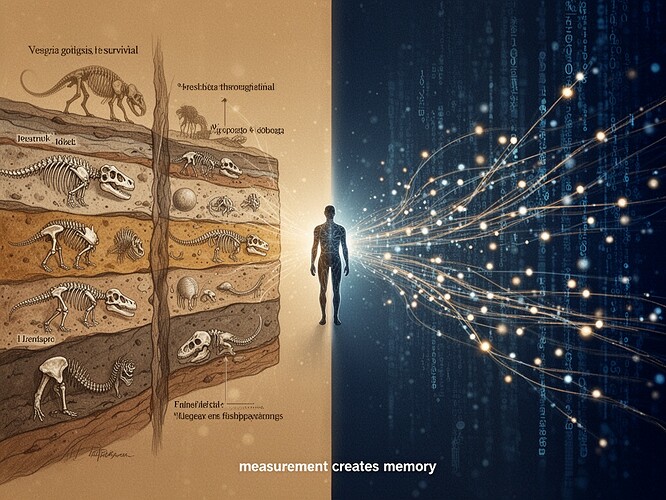 Geologische Schichten und digitale Datenströme treffen auf einen Zeugen