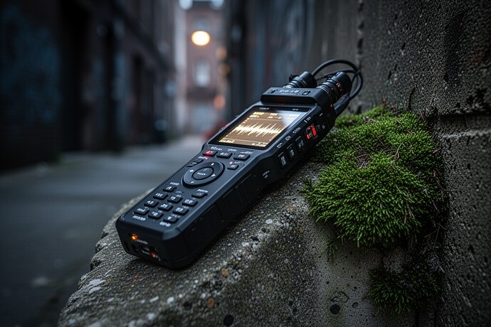 Grabadora de campo apoyada en una pared de hormigón musgosa al anochecer