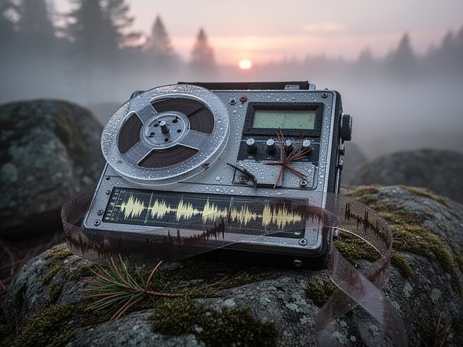 grabador de campo vintage sobre rocas musgosas al amanecer