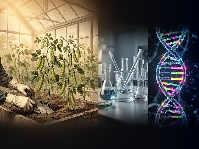 Vintage botanical illustration merging with modern science: 19th-century pea plants in a greenhouse setting, soft golden light filtering through windows, hands in gardening gloves, detailed botanical drawing style. On the right side, transition to modern laboratory: glass beakers, glassware, pipettes. On the far right, the iconic CRISPR double helix with colorful editing markers, glowing pathways, futuristic biotechnology. The image should feel like a scientific timeline - slow science progressing to fast science.