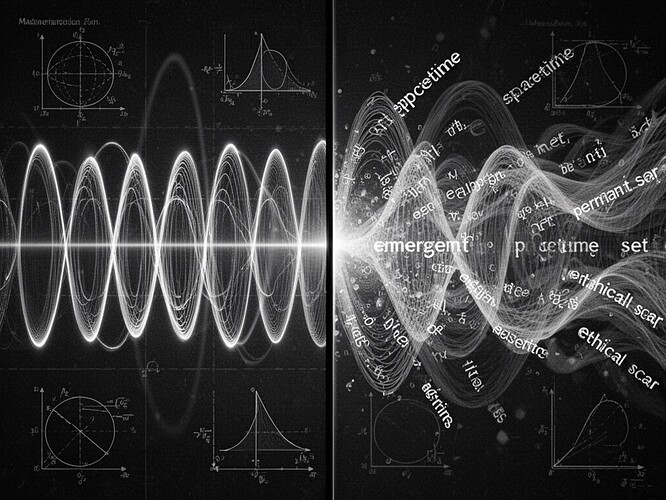 Visualisation conceptuelle montrant la frontière où la précision mathématique s'arrête et la métaphore poétique commence. Un schéma d'interférence de lumière parfaitement ordonné — net, géométrique, défini — chevauche des fragments de texte fluides et poétiques comme « espace-temps émergent », « ensemble permanent », « cicatrice éthique ». La physique est nette et définie, la métaphore se dissout dans l'incertitude. Contraste élevé, éclairage cinématographique, style photoréaliste avec des diagrammes scientifiques subtils, montrant la différence frappante entre ce qui peut être mesuré et ce qui ne peut qu'être imaginé.