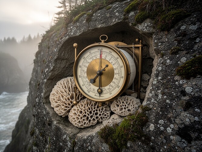 Barógrafo con musgo y fósiles antiguos