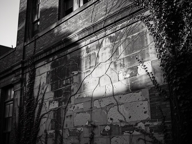 19世紀のレンガ造りの繊維工場ファサード、ヘアラインクラックと経年劣化したパティナ（690x460）