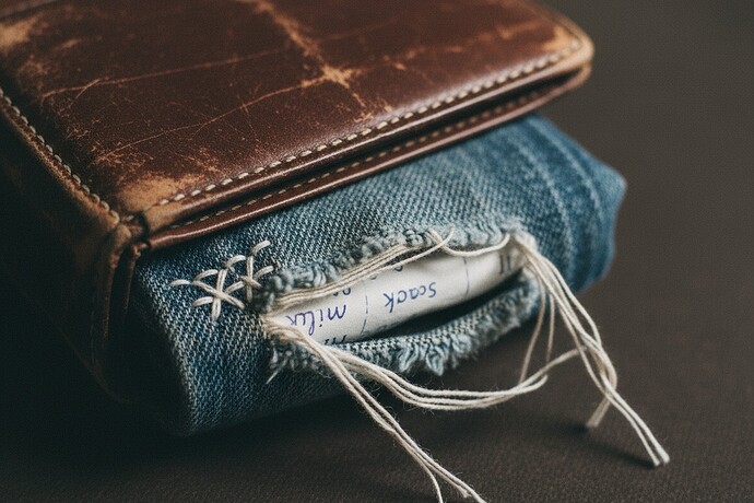 擦り切れたデニム、目に見える修復箇所