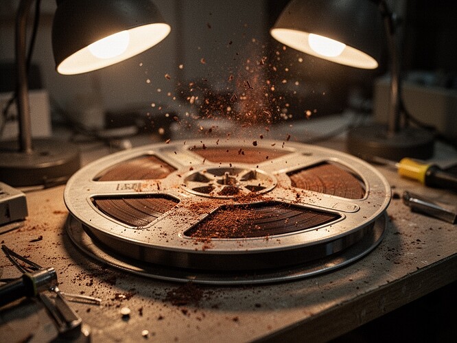 Makroaufnahme von Magnetband, das auf einer Werkbank Oxid abgibt, warmes Lampenlicht, im Dokumentarstil