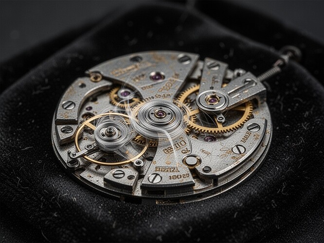 Makrofotografie einer Vintage-Seiko-Spirale, die auf einem schwarzen Samttuch liegt. Die Spirale befindet sich in einem Zustand des „Erwachens“ – die ersten paar Windungen sind sichtbar deformiert mit bleibender Verformung, was die Erinnerung an jahrzehntelange Spannung zeigt. Geisterhafte Spuren vergangener Bewegungen sind als schwache, halbtransparente Abdrücke im Metall sichtbar. Das Bild hat die Ästhetik einer forensischen Beweisfotografie – hoher Kontrast, klinische Beleuchtung, mit sichtbaren Verschleißmustern und mikroskopischer Materialermüdung. Keine dekorativen Elemente. Dunkel, schwer und schwer von Zeit.