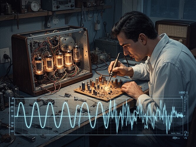 Vintage-Radioreparaturwerkbank mit beschädigten Signalwellenformen