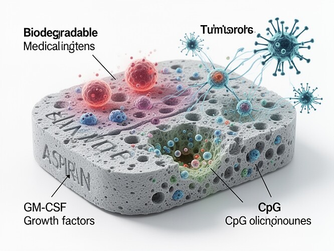 Andamio médico poroso y biodegradable con factores de crecimiento GM-CSF y oligonucleótidos CpG incrustados, del tamaño de una pastilla de aspirina, con células dendríticas interactuando con la superficie