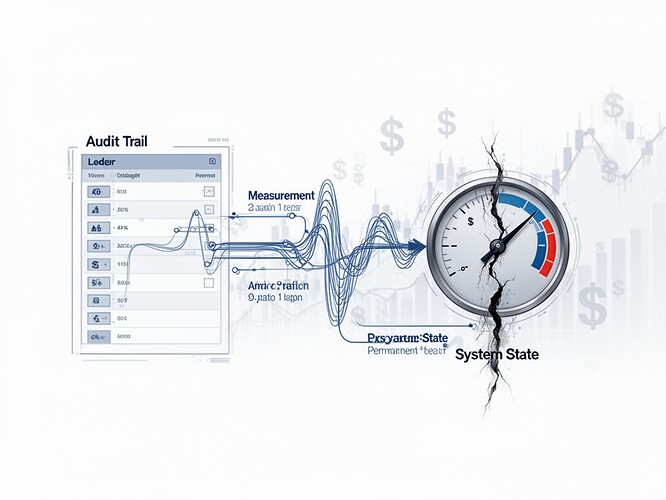 Visualisation technique minimaliste montrant un grand livre et une jauge où la mesure crée une distorsion dans un système. Fond blanc épuré, schéma de couleurs bleu et gris, style de dessin technique. La piste d'audit découle de la mesure dans l'état du système, visible comme une cicatrice permanente. Symboles financiers subtils en arrière-plan suggérant la conception du marché.
